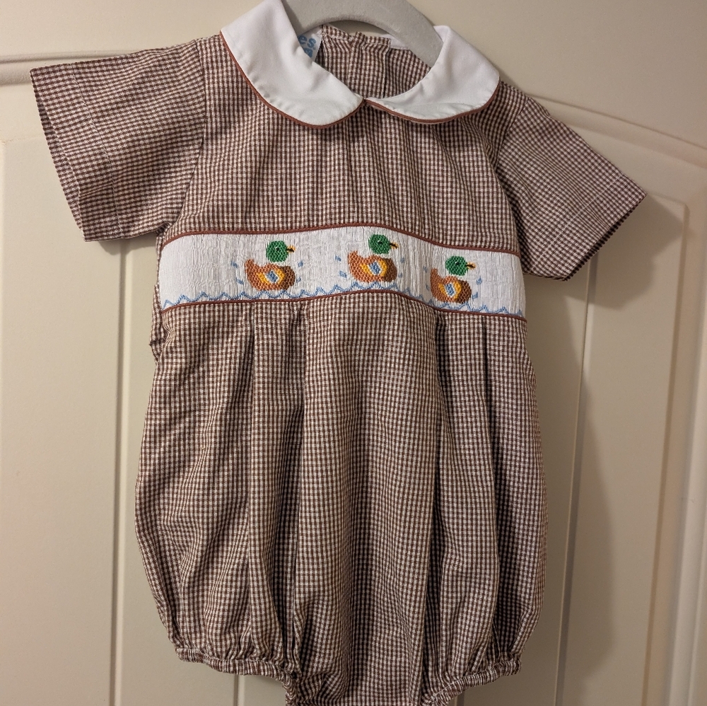 Brown Checkered Baby Romper with Duck Embroidery